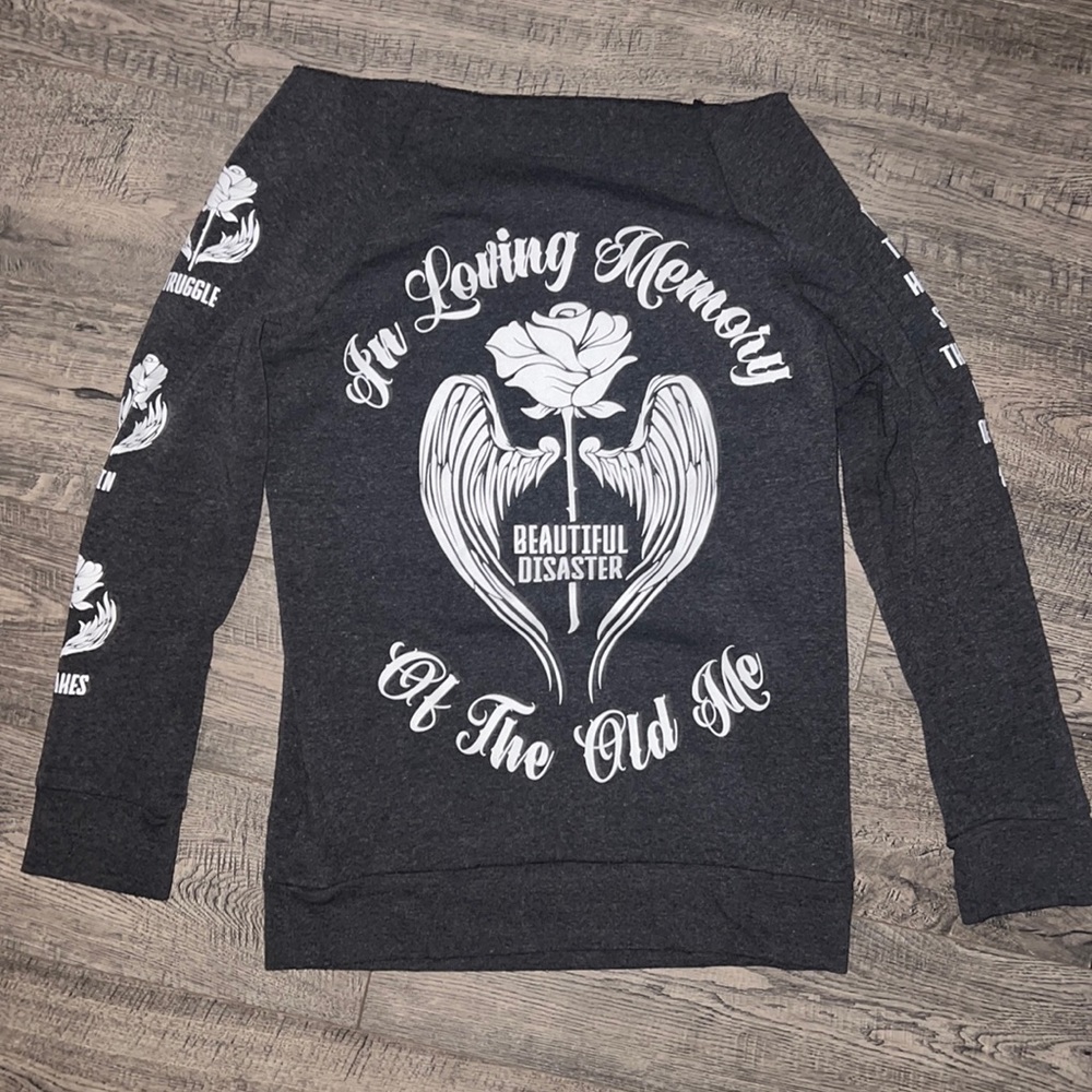 Like New Beautiful Disaster crew neck with cut in top for off the shoulder look